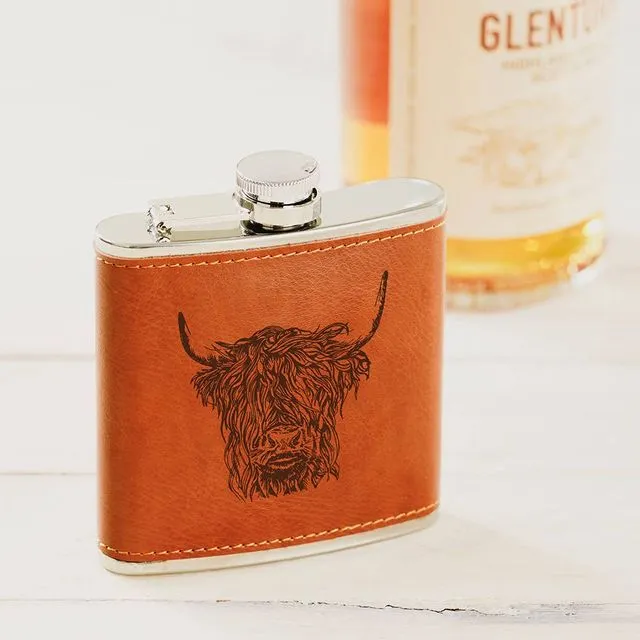 Highland Cow Engraved Leather Wrapped Hipflask