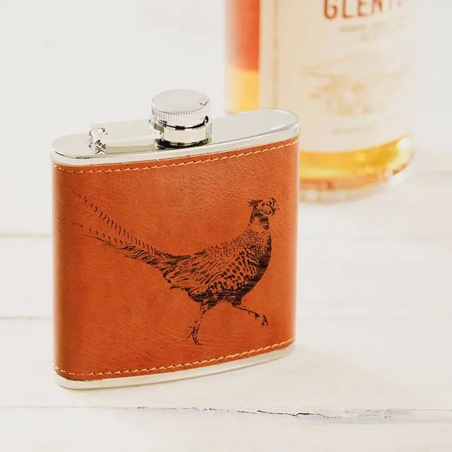 Pheasant Engraved Leather Wrapped Hipflask