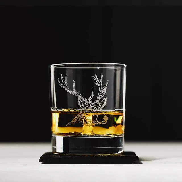 Stag Glass Tumbler with Slate Coaster Gift Set