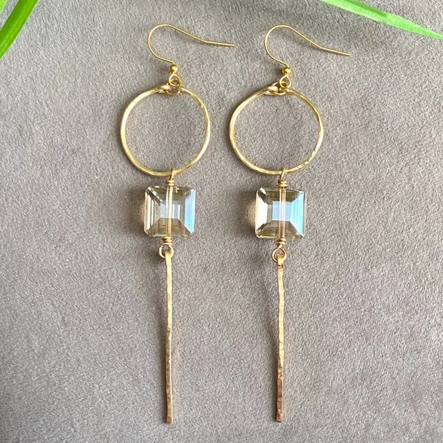 Hammered Hoops And Bar Square Crystal Earrings