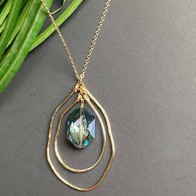 Hammered Gold Multi Layered Necklace Pendant Blue Crystal