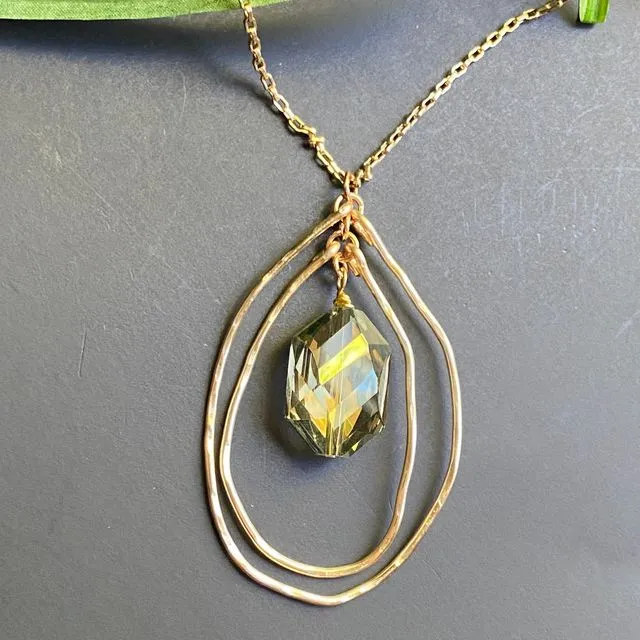 Hammered Gold Multi Layered Necklace Pendant Green Crystal