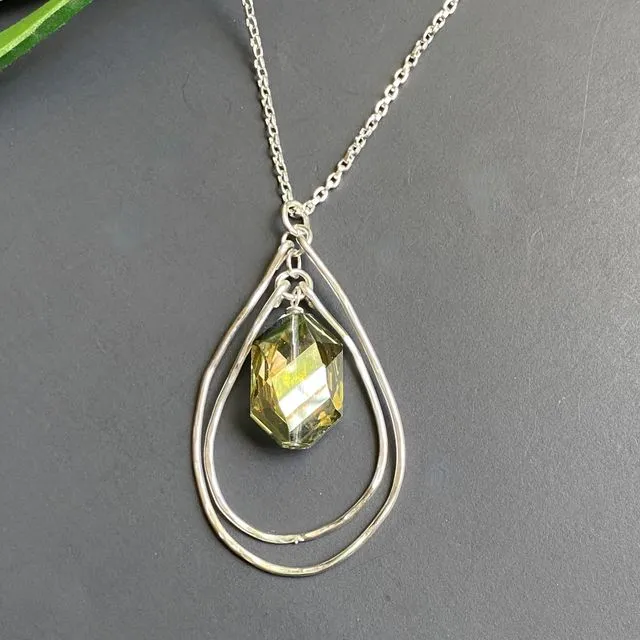 Hammered Silver Multi Layered Necklace Pendant Green Crystal