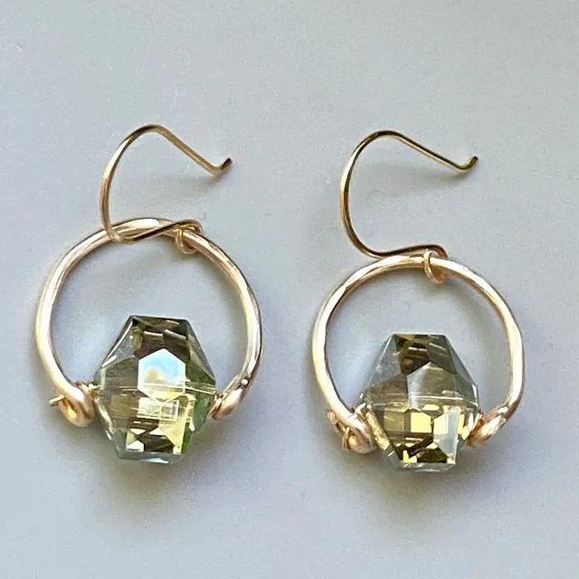 Hammered Gold Hoop and Green Hexagon Crystal Drop Earrings