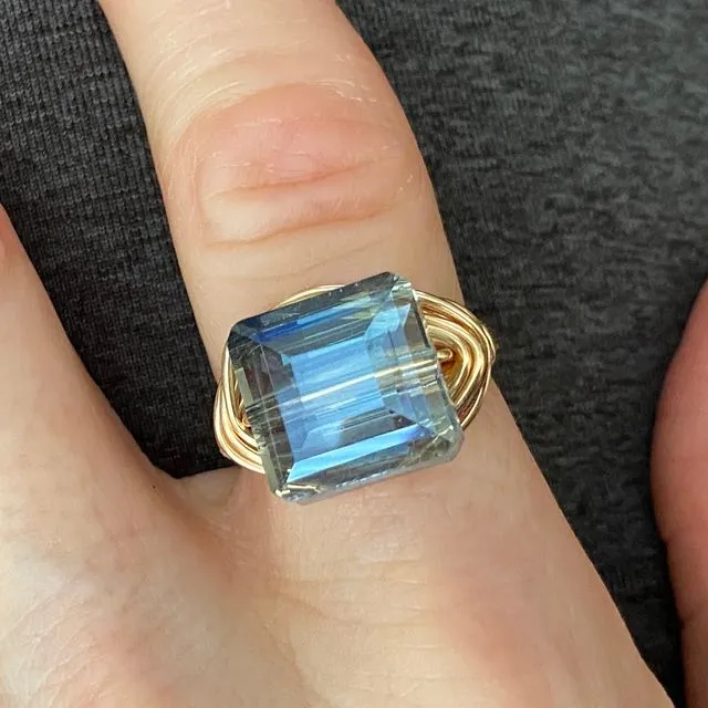 Blue Square Crystal Gold Wire Wrapped Ring StatementCocktail