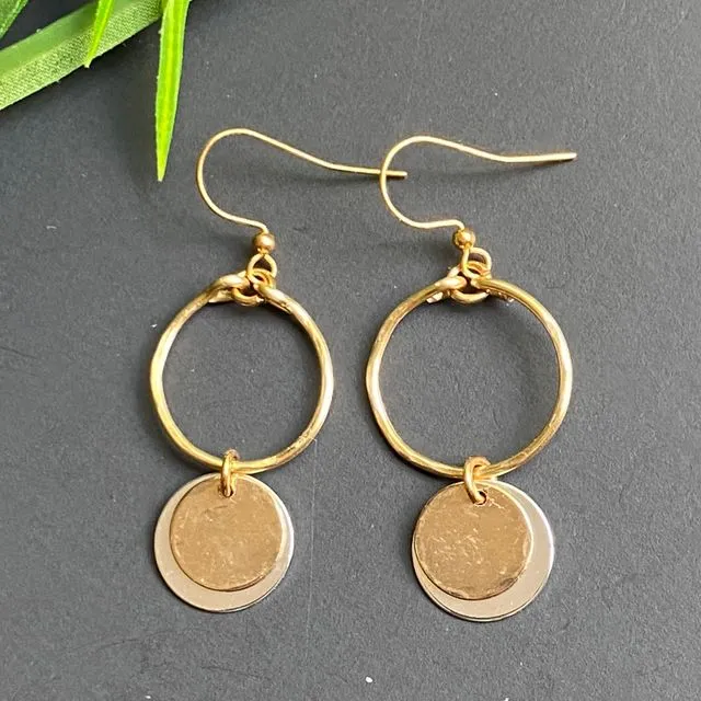Hammered Gold Hoop Earrings with Hammered Silver Gold Charms