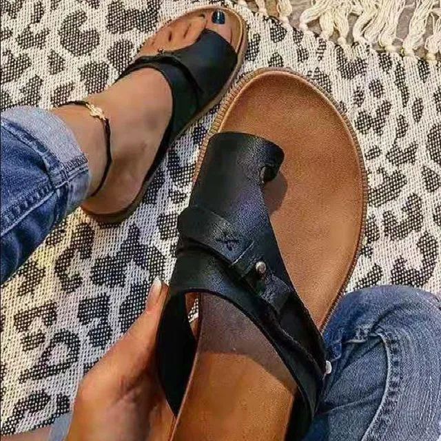 Casual Toe-Ring Buckle Slide Sandals-BLACK