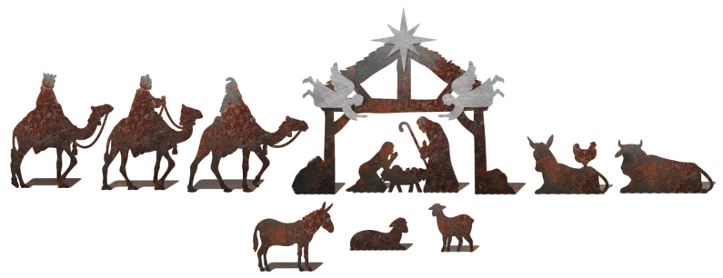 RUSTIC METAL CHRISTMAS NATIVITY, TRADITIONAL, CAMELS