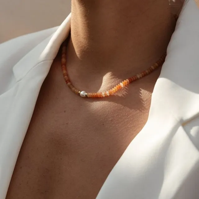 Gemstone Beaded Pearl Necklace - Orange Aventurine