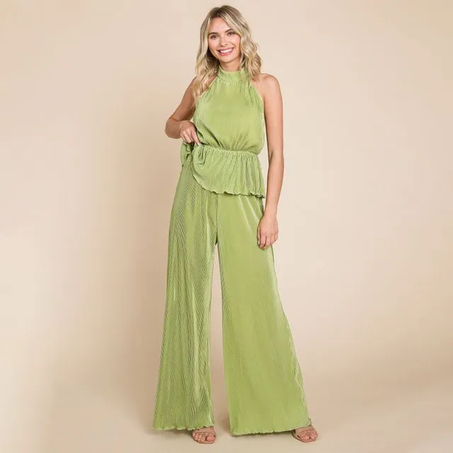 Pleated Backless Halter Tank & Wide Leg Pants 2 Piece Set, SML(2-2-2)/1Pack