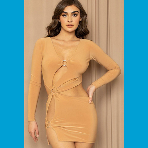 Swing Out Sister 96% Polyester 4% Spandex Long Sleeve Metal O Ring Detail Cut Out Detailed Mini Dress (Camel)