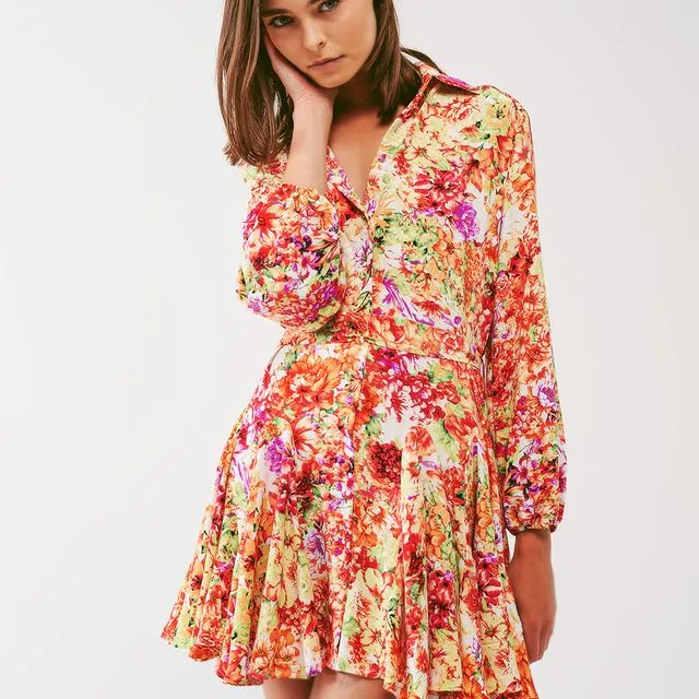MINI DRESS WITH RUFFLES IN MULTICOLOR FLORAL PRINT