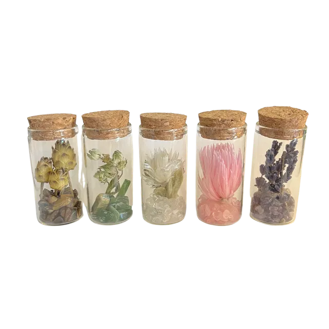 Set of 5 glass tubes with gems and dried flowers