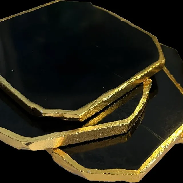 Obsidian Gemstone Coaster with golden trim