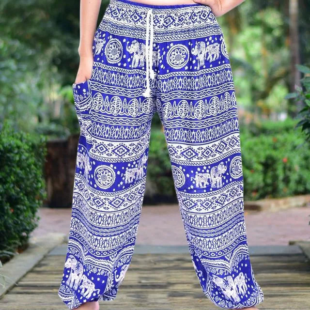 Bohotusk Blue Elephant Calf Print Womens Harem Trousers Tie Waist S/M to L/XL