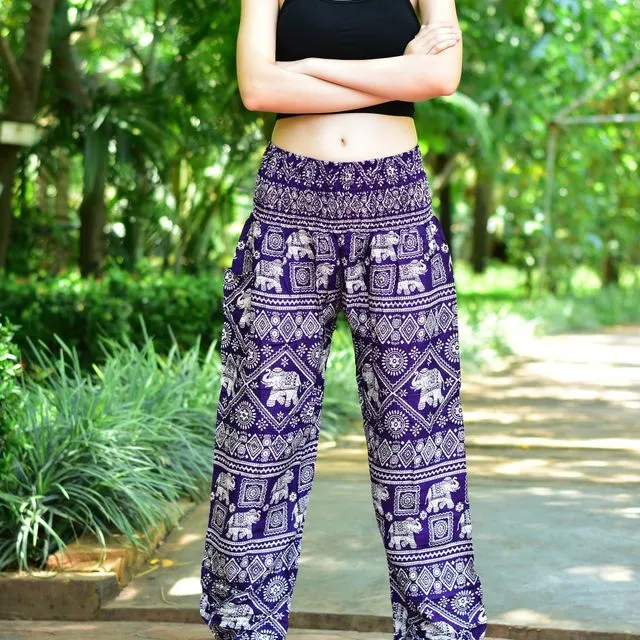 Bohotusk Purple Elephant Print Elasticated Smocked Waist Womens Harem Pants S/M to 3XL