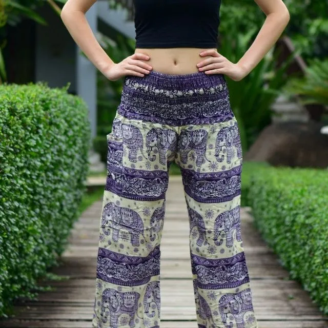 Bohotusk Purple Elephant Herd Print Elasticated Smocked Waist Womens Harem Pants S/M to LXL