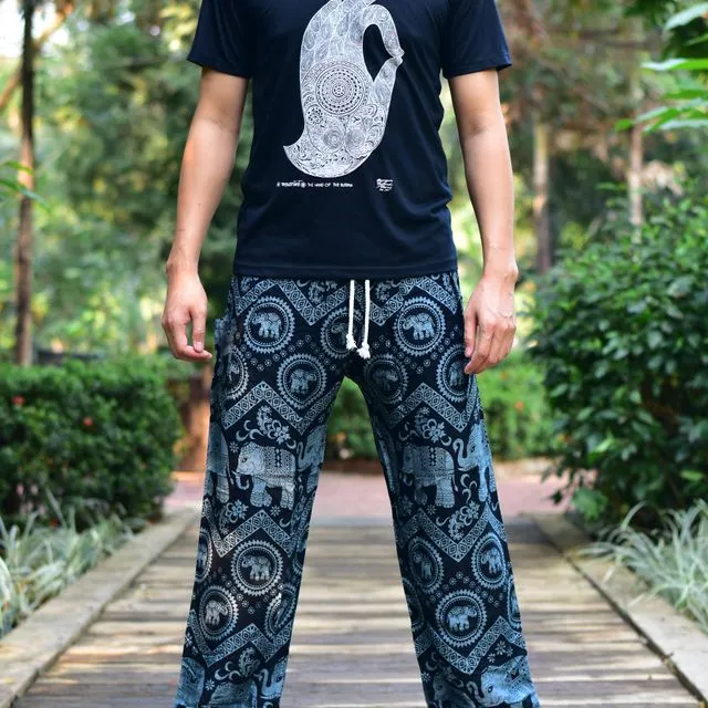 Bohotusk Mens Black Elephant Tusker Harem Pants Cord Tie Waist M/L to XL