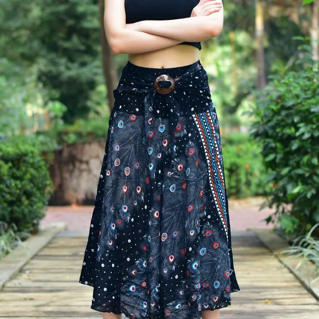 Bohotusk Black Peacock Long Skirt With Coconut Buckle (& Strapless Dress) S/M to 3XL