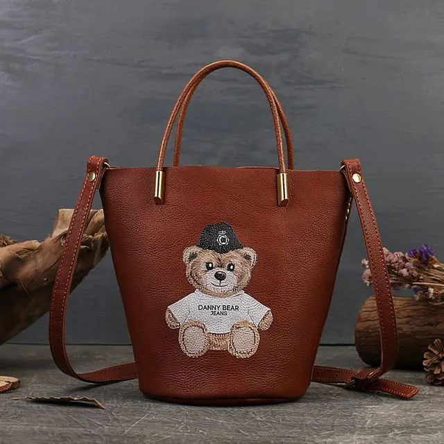 Little Bear Printed One Shoulder Bucket Bag, brown