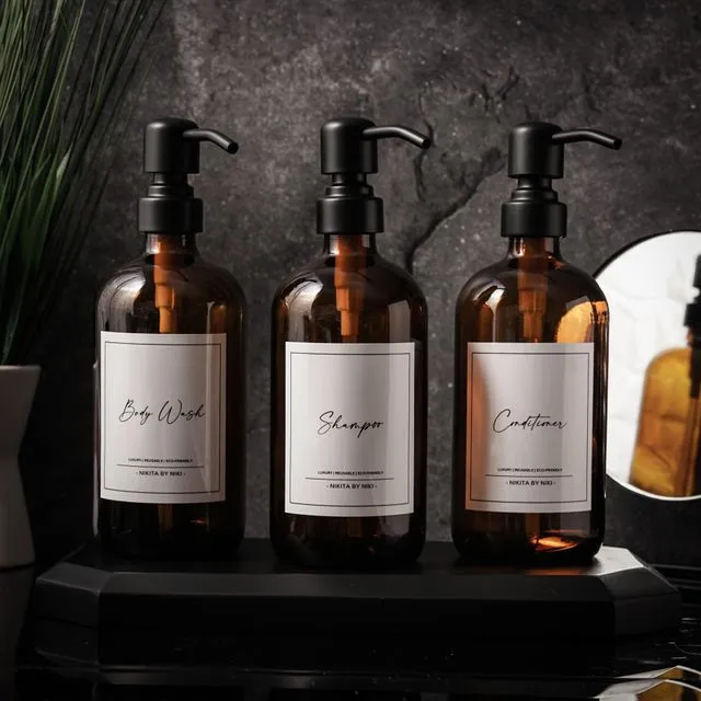 Amber Glass Bathroom Soap Dispenser | Shampoo, Conditioner & Body Wash