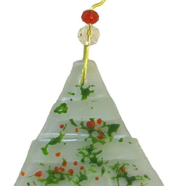 Fused Ornament - "Sugar Cookie" Christmas Tree Red & Green, Clear Tree with Red & Green speckles (approx. size 3" x 3")