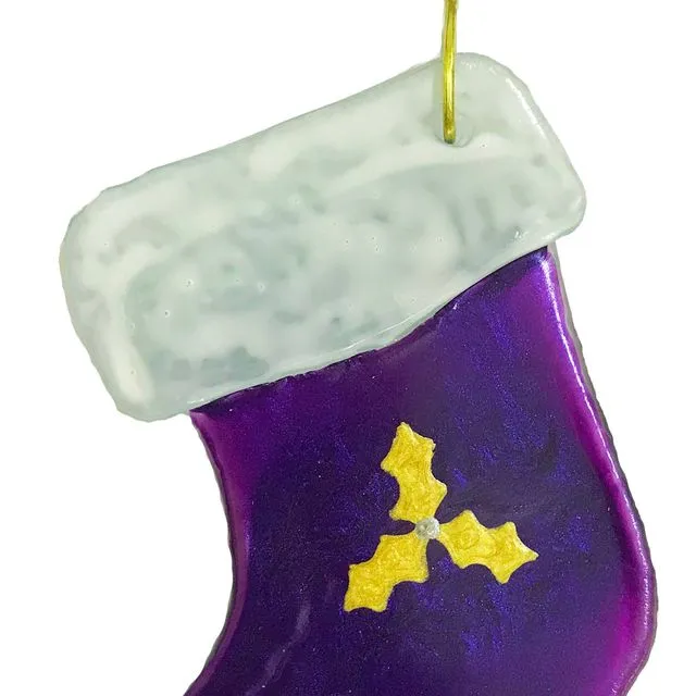 Fused Ornament - Painted Glass Stocking, Approximately 3" x 2" - Purple & Gold