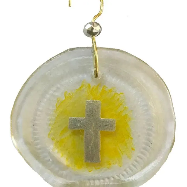 Mini Ornament - Mini Silver Cross on Yellow, one size 1.5" - 2.5"