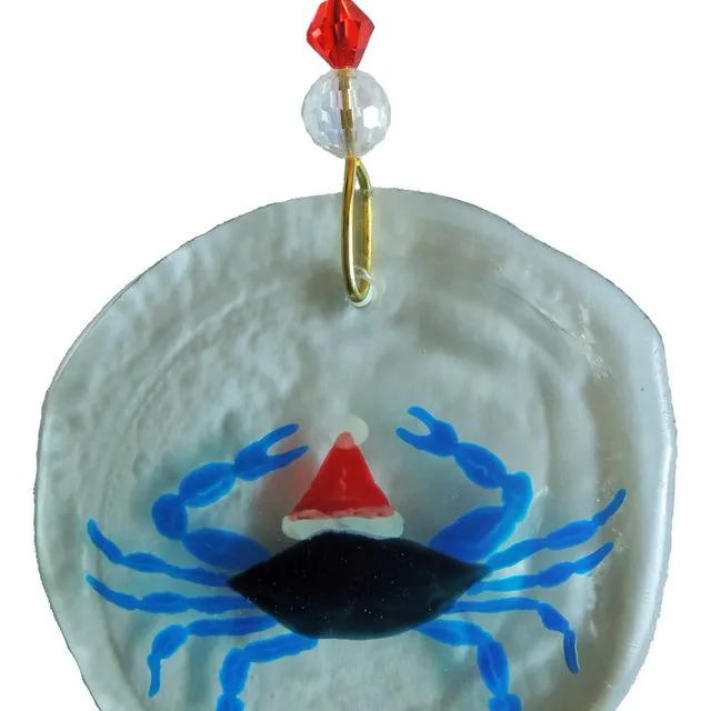 Ornament - Blue Crab Santa, One Size:  2" - 4" - Clear glass