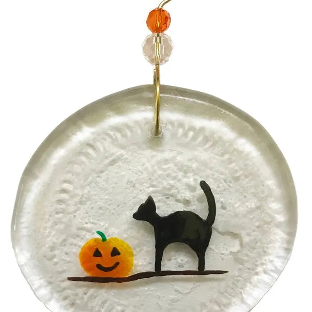 Ornament - Cat & Jack-o-Lantern, one size:  2" - 4" - Clear glass