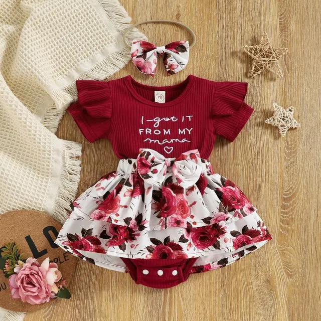 Baby Girls Crewneck Short Sleeves Floral Printed Rompers-RED