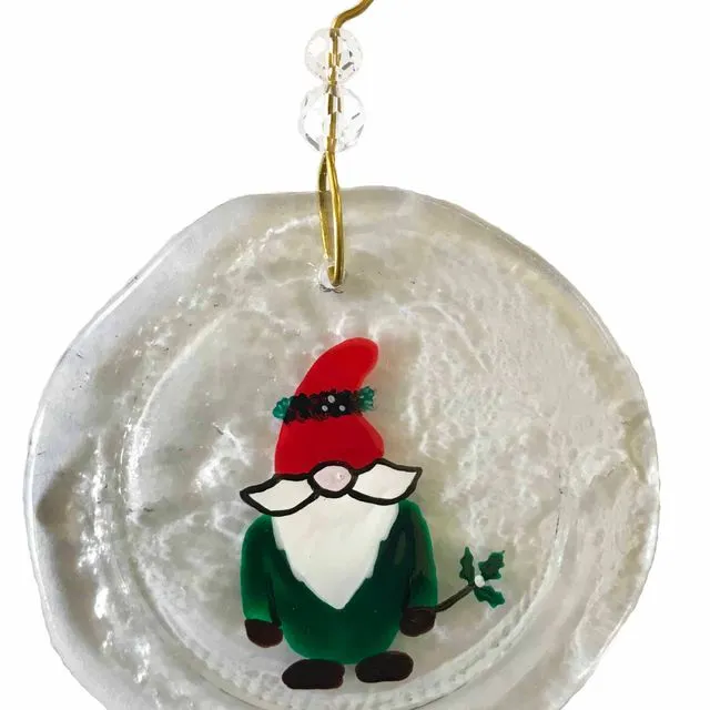 Ornament - Gnome with Wreath, one size:  2" - 4" - Clear glass