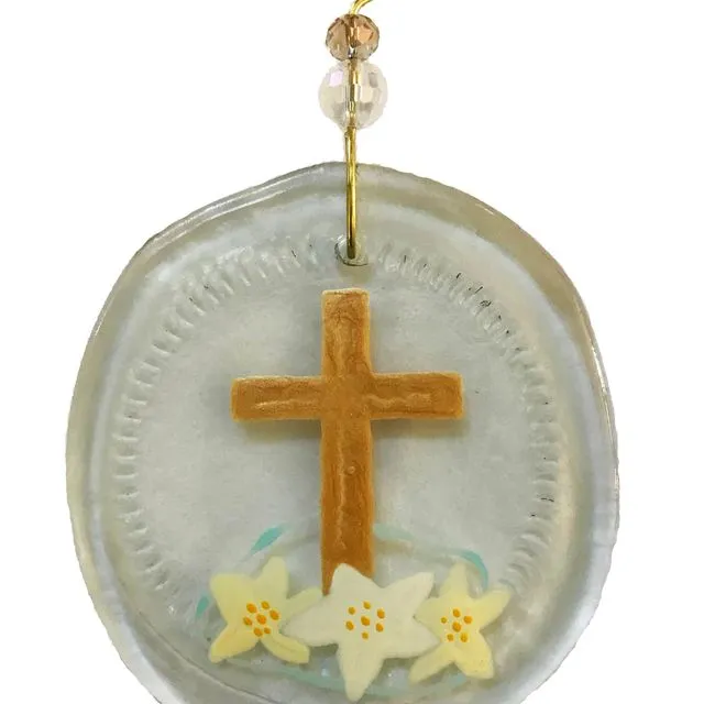 Ornament - Gold Cross & White Flowers, one size: 2" - 4" - Clear glass