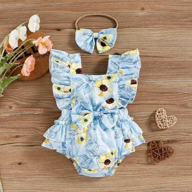 Baby Girls Sleeveless Floral Printed Ruffled Bowknot Rompers-LIGHT BLUE