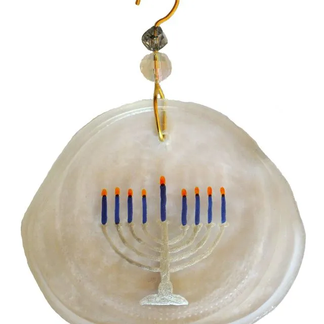 Ornament - Silver Menorah, one size: 2" - 4" - Clear glass