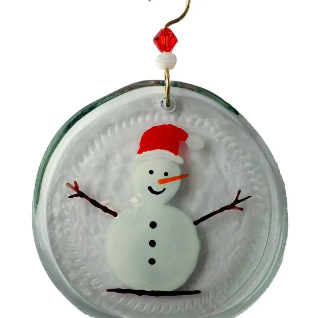 Ornament - Snowman & Red Hat, one size: 2" - 4" - Clear glass