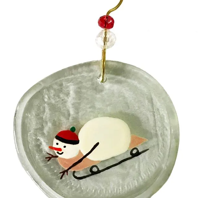 Ornament - Snowman & Sled, one size: 2" - 4" - Clear glass