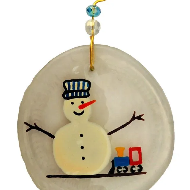 Ornament - Snowman & Train, one size: 2" - 4" - Clear glass