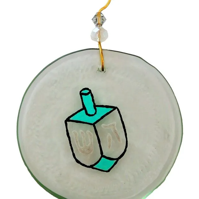 Ornament - Turquoise Dreidel, one size: 2" - 4" - Clear glass