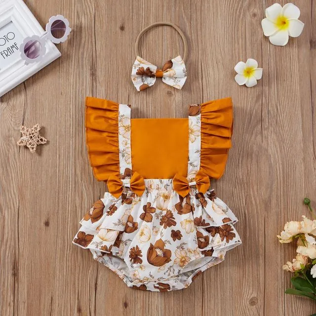Baby Girls Patchwork Floral Printed Bowknot Romper And Headband Two Pieces Suits-COFFEE