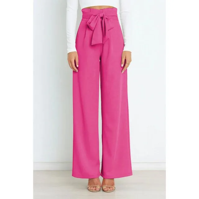 ROSE RED High Waisted Solid Color Tied Wide Leg Pants