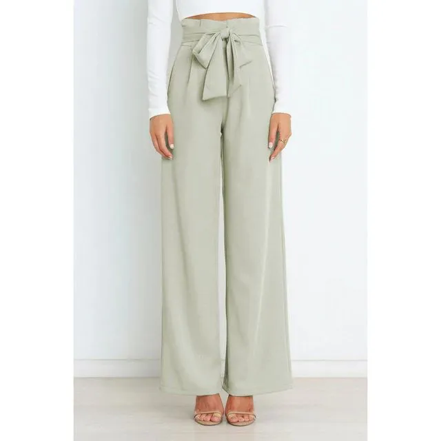 LIGHT GREEN High Waisted Solid Color Tied Wide Leg Pants