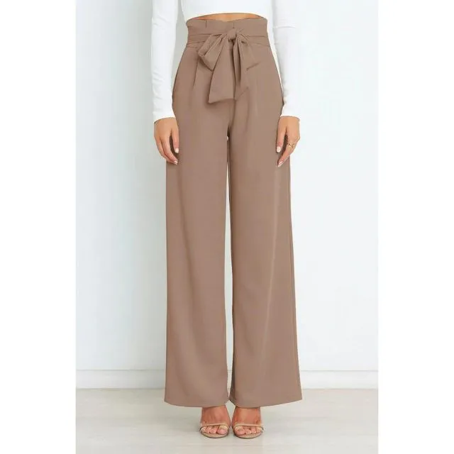 LIGHT BROWN High Waisted Solid Color Tied Wide Leg Pants