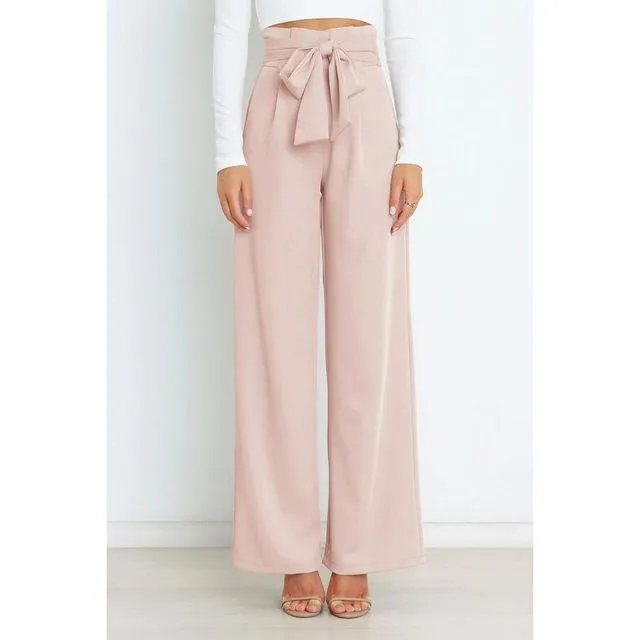 LIGHT PINK High Waisted Solid Color Tied Wide Leg Pants