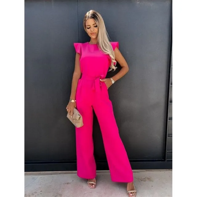 Female Ruffle Solid Color Round Neck Tie Jumpsuits -ROSE RED