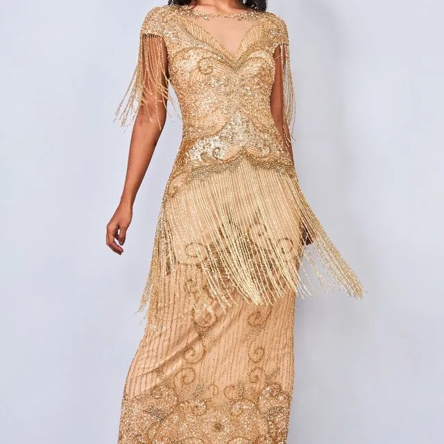 Ethel Maxi Fringe Gown in Gold