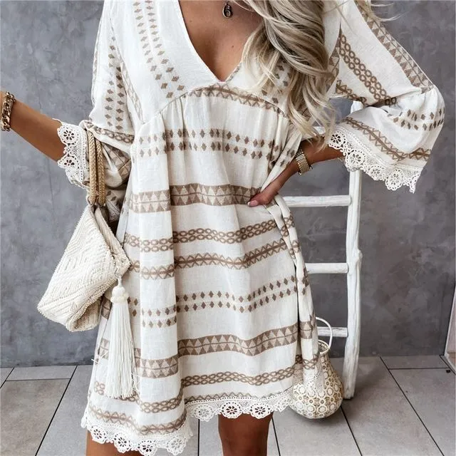 Mid Sleeve Printed Lace Cuff Dress-Apricot