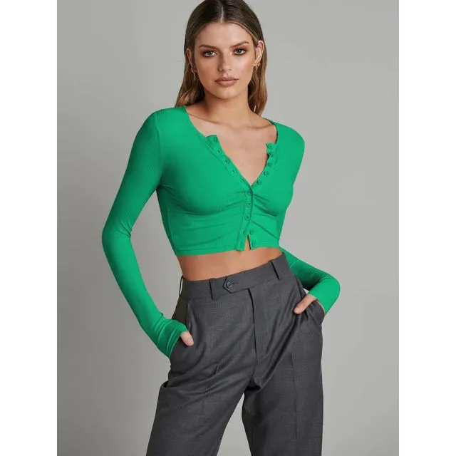 GREEN Solid Color Long Sleeves Ribbed Knitted Cardigan Top