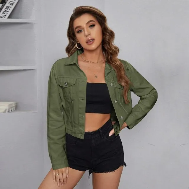 ARMY GREEN Casual Solid Color Long Sleeves Lapel Buttoned Cropped Denim Jackets Outerwear