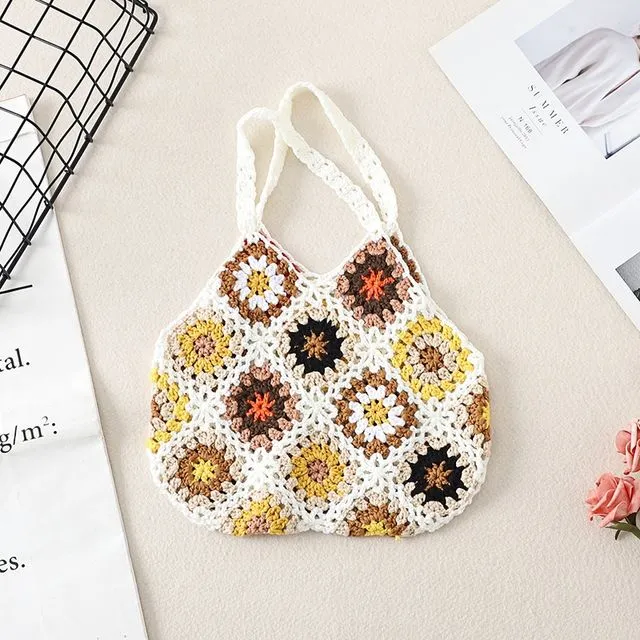 Crochet Knitted Geometric Pattern Handbag-WHITE